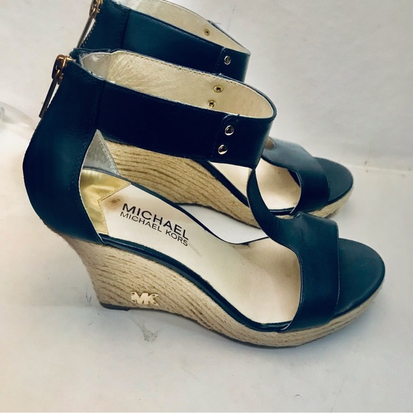 MICHAEL Michael Kors Sandals Navy Leather Espadrille Wedge Size 7 NIB - Picture 2 of 15